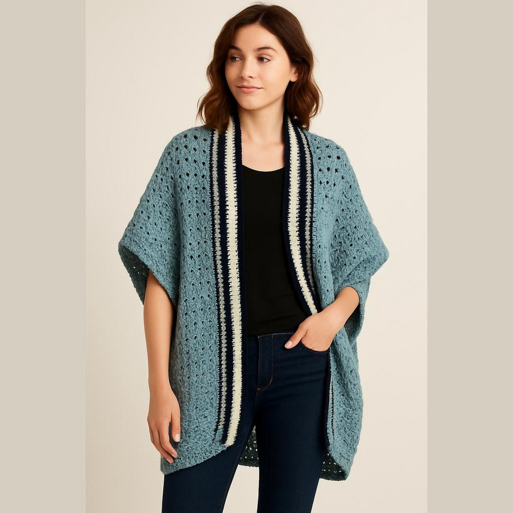 Hand crocheted handmade OSFM blue striped open cardigan cottagecore - Picture 1 of 4